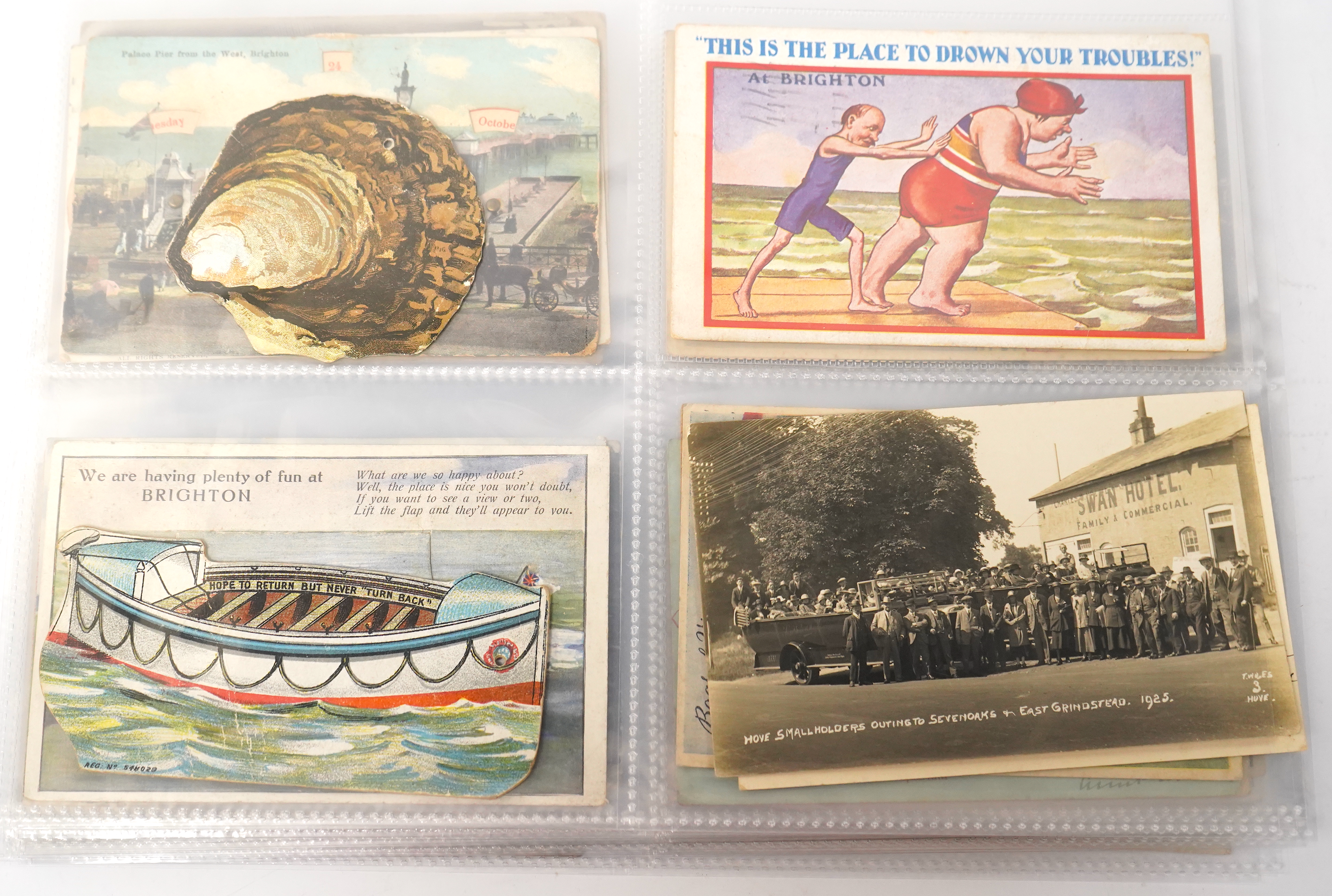 Brighton & Hove interest; a collection of one hundred and twelve assorted vintage postcards, mostly pre WW1, including novelty, shopfronts and Albion football matches